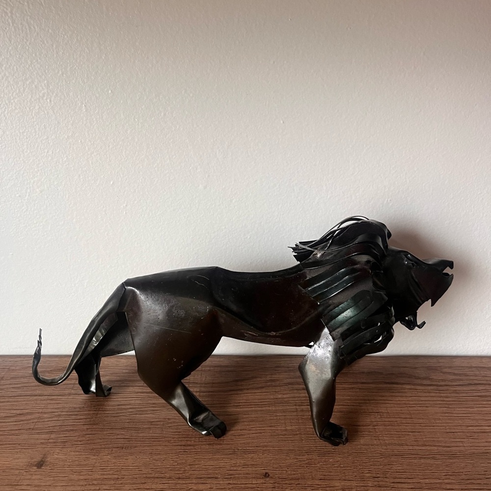 Vintage Art piece metal lion sculpture made from repurposed scrap metal